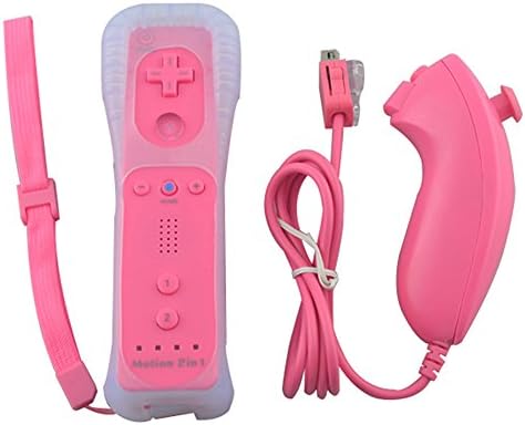 Built-in Motion Plus Remote & Nunchuck Controller For Wii + Silicone Case + Wrist Strap for Nintendo Wii/Wii U-MEGIA (Rose Red)