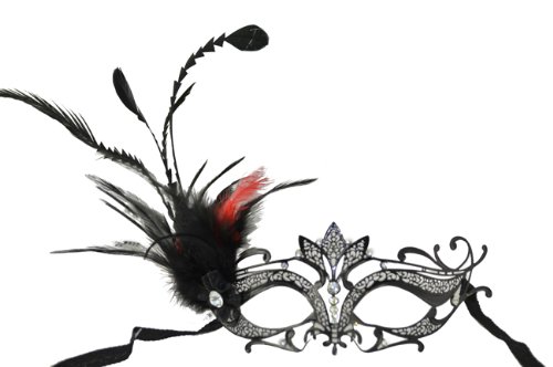 Royal Classic Venetian Design Swan Style Laser Cut Masquerade Mask - Elegantly Detailed and Decorated with Side Black and Red Feathers