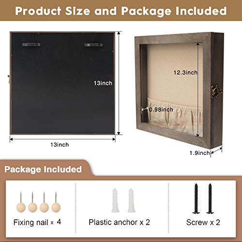 Emfogo 13x13 Shadow Box Picture Frame with Linen Back Front Glass Door and Pocket, Rustic Wood Shadow Display Case of Keepsakes, Baby, Wedding, Memory Box for Wall and Tabletop (Weathered Gray)