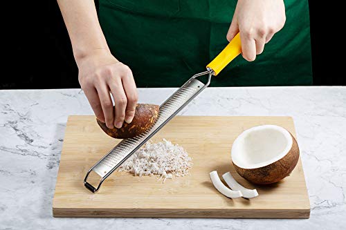 HAOZAN Lemon Zester Grater - Cheese, Citrus, Lime, Fruits, Nutmeg, Chocolate, Parmesan, Soft Grip Handle, Stainless Steel Fine Blades with Protector, Hand-held Kitchen Tool, Dishwasher Safe (Yellow)