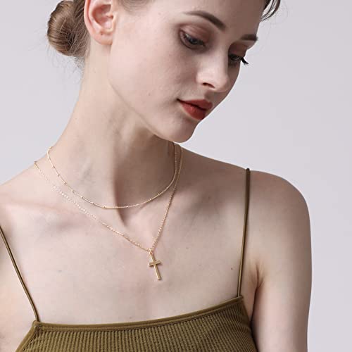 GLOQUAT Dainty Gold Cross Necklaces for Women 14K Gold Plated Satellite Bead Chain Layered Necklace Set Cross Pendant Necklace Simple Minimalist Dainty Necklace for Women Men