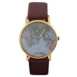 HACBIWA Global Fashion Unisex Men Women Lady Girls World Map Brown Leather Alloy Analog Quartz watches