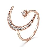 Angol Crescent Moon Star Adjustable Ring, 925 Sterling Silver Crescent Moon Ring Cubic Zirconia Opening Ring Gift for Women with Gift Bag (Rose Gold)