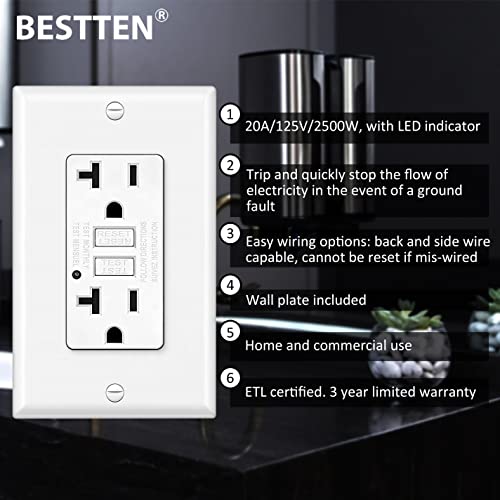 [10 Pack] BESTTEN 20 Amp GFCI Outlet, GFI Outlet with LED Indicator