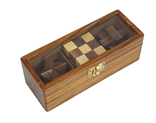 Indian Glance 3D Puzzles for Kids| Adults | Teens | Boys | Girls | Fun- Includes Wood Interlocking Blocks, Diagonal Burr, and Snake Cube in Storage Box - Wooden Puzzle Games Set