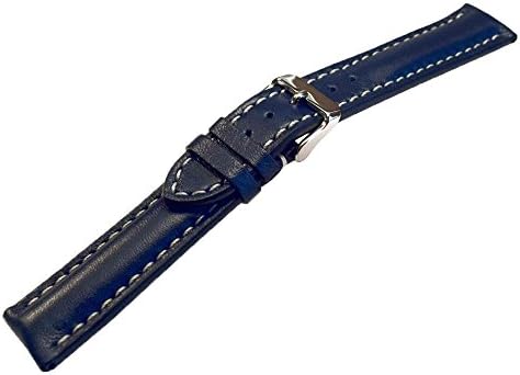 Strapped For Time 24mm Blue Heavy Calfskin Leather Watch Band with White Stitch