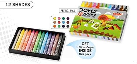 Doms Jumbo Wax Crayons, 12 Assorted Colors, Rich Brighter Shades, Smooth Even Shading