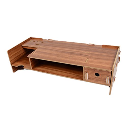 MineDecor Wood Desk Organizer with Drawer Trays Office Desktop Organizers Computer Holder Monitor Stand Riser Laptop Cellphone Printer Stand, Brown
