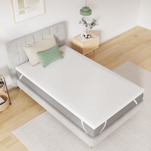 Novilla Topper 80x190, Topper Singolo in Schiuma di Fibra di Bambù a Doppio Strato 5cm, Topper Eccellente Assorbente e Traspirante con 4 Angoli Dotato di Cinghie Elastiche Antiscivolo