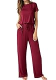 LAINAB Womens Casual Short Sleeve O Neck Jumpsuits Rompers with Pockets Wine L