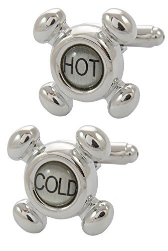 Cufflinks for Men + Presentation Box - Silver Colour - Hot and Cold Taps - Brass Metal - Plumber DIY Plumbing Construction Faucet Bathroom Water - Silver and Black Colours - One Pair