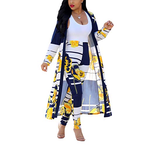 Womens 2 Piece Floral Print Outfits Clubwear Long Sleeve Open Cardigan Pants Set Yellow Size S