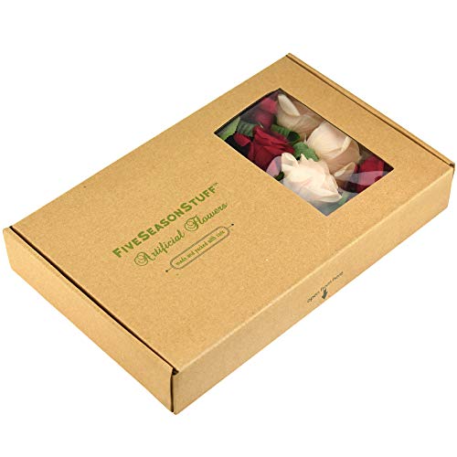 FiveSeasonStuff Fake Roses Wedding Flowers Real Touch Silk Enchanting Rose Mix Artificial Flowers (Dark Red, Champagne Pink) 12 Stems