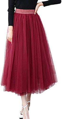Women's A-line Mesh Tulle Skirts with Stretch High Waist and Lining (Wine Red)