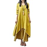 Romacci Women Boho Dress Casual Irregular Maxi Dresses Vintage Loose Long Sleeve Cotton Linen Dress, Yellow, XX-Large