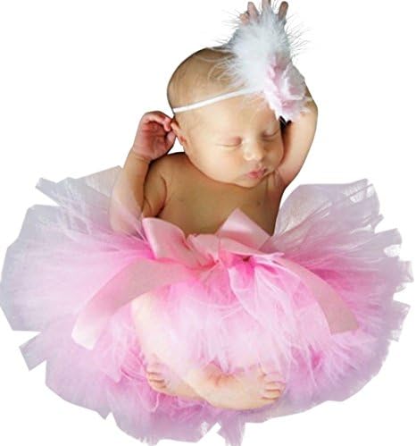 Memory Wear Newborn Tutu Skirt Flower Feather Headband Set Photography Prop Outfit - Pink
