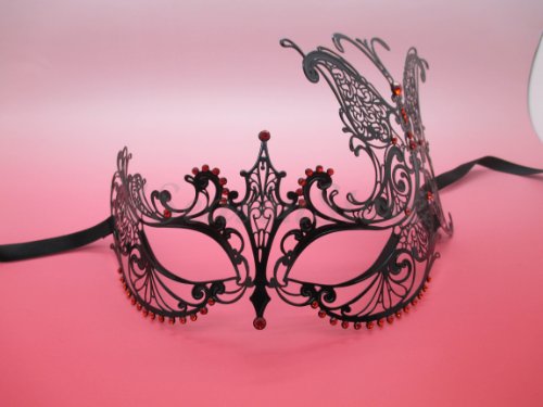 Laser Cut Venetian Halloween Masquerade Mask Costume Extravagant Inspire Design - Black w/ RED Rhinestones