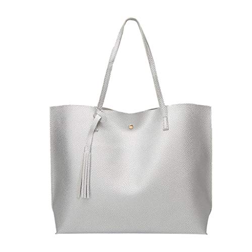 DreamedU Women Fashion Fringe Solid Large Capacity Shopping Shoulder Tote Handbag Bags Messenger Lightweight (Silver)