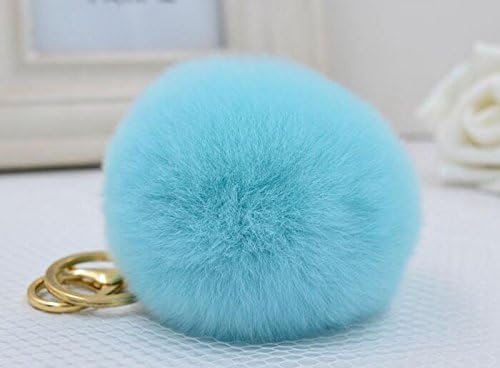 Cy3Lf Gold Plated Fluffy Faux Rabbit Fur Ball Key Ring Chain Keychain for Handbag Wallet Purse Car Key (Light Blue)