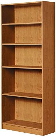 Mylex Five Shelf Bookcase; Three Adjustable Shelves; 11.63 x 29.63 x 71.5 Inches, Oak, Assembly Required (43070)