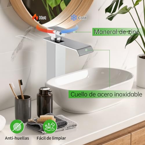 SOLVEX Monomando para Lavabo, Grifo para Lavabo de Baño, Llaves para Lavabo de Baño, Mezcladora para Lavabo Baño con Líneas de Suministro, Grifo de Baño Cascada, Acabado Cromo Espejo, SP-10054