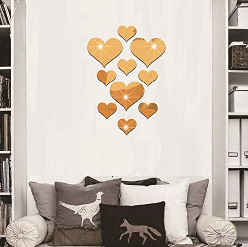 Pentaero 10PCS Love Mirror Wall Stickers, Love Heart Acrylic 3D Mirror Wall Sticker Mural Decal, Removable Stickers, Creative Art Decor Wallpaper, Suitable for Bedroom & Living Room (GD)