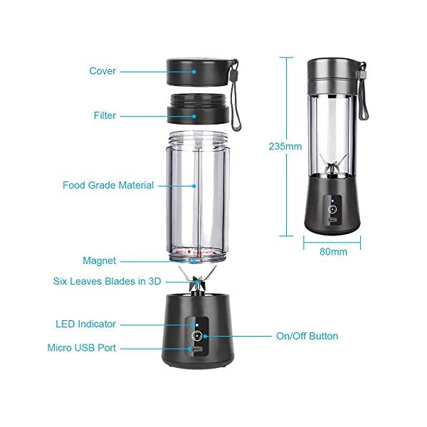 Portable-Blender-Ksera-Smoothie-Juicer-Cup-Personal-Mini-Blender-for-Smoothies-and-Shakes-Six-Blades-in-3D-380ml-13oz-2000mAh-Powerful-USB-Rechargeable-Home-Travel-Handheld-Fruit-Juicer-Black Portable Blender, Ksera Smoothie Juicer Cup, Personal Mini Blender for Smoothies and Shakes- Six Blades in 3D, 380ml…