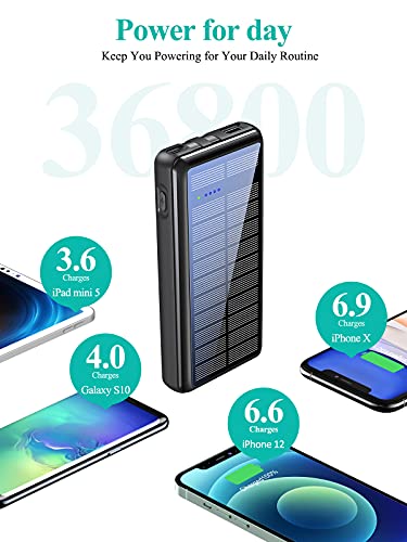 Portable Charger 36800mAh, LENSUM Power Bank Solar Charger with 2 Output Ports, Built-in 2 Durable Cables, External Battery Pack for Cellphone and Tablet