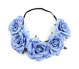 Floral Fall Elastic Coffee Big Rose Flower Headband Hair Wreath Halo Crown F-37 (Blue)