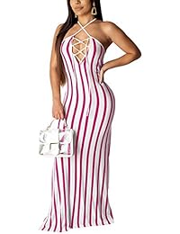 Vestido largo de rayas sexy para mujer, con tirantes ajustables, sin mangas, para fiestas, verano, maxi vestidos divididos