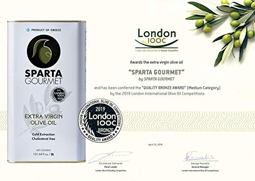 Award Winning Extra Virgin Olive Oil | (3 Lt. Tin,101.44 oz.) | First Cold Pressed | Born in the historic city of Sparta, Greece | Single Origin | NONGMO Verified | Family Owned |