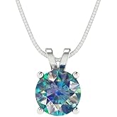 Clara Pucci 1 cttw Blue Moissanite White Gold-Plated Silver Necklace and Pendant for Women (16" Box Chain,Round Cut,6.5mm)