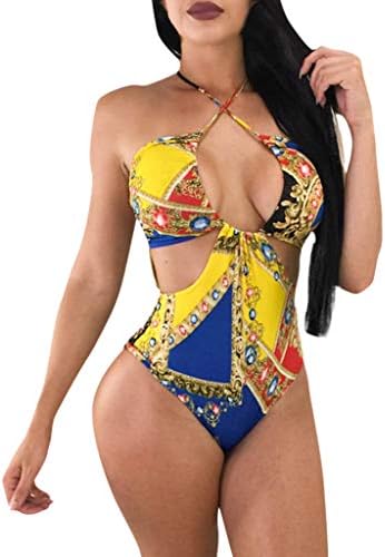 ballsFHK 1Pcs Summer Women Sexy Halter Bandage Cross Front Multicolor Print Padded Bikini Set Beach Tankini