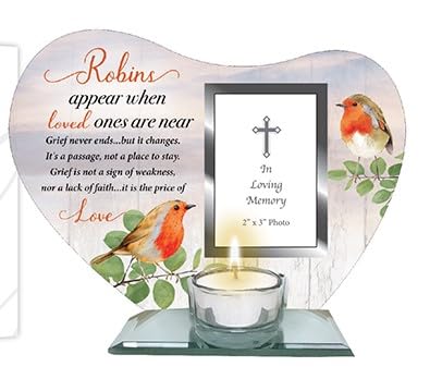Robins Appear When Loved Ones Are Near Memorial Votive Tea Light Holder with Photo Frame AND Prayer/Wallet Card for Rememerance Of Family and Friends