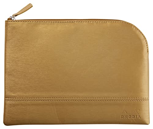 RHODIA 116617C - Faux Leather Zipped Pouch - Gold - Size M (16 x 22 cm) - Genuine Stitching - Inside Orange Fabric - Storage for Documents, Small Supplies