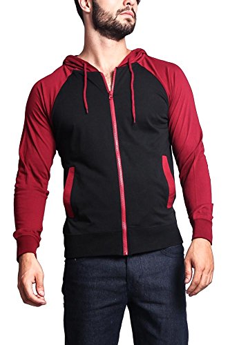 Victorious Men's Raglan Light Weight Zip Down Hoodie TH864 - BLACK/BURGUNDY - 4X-Large