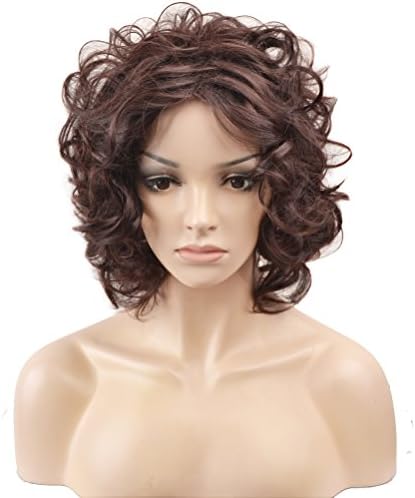 TKEKON Short Curly Brown Wig Natural Curls Synthetic Wigs for Lady Girls Come with Wig Cap (Brown)