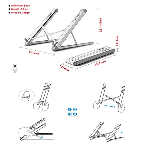 Magichold Portable Laptop Stand, Computer Laptop Holder, Aluminum Laptop Tablet Stand Riser with 6 Levels Height Adjustment, Fully Foldable, Supports up to 10 lbs, Fits up to 15.6 Laptop (Silver) - Thumbnail 4