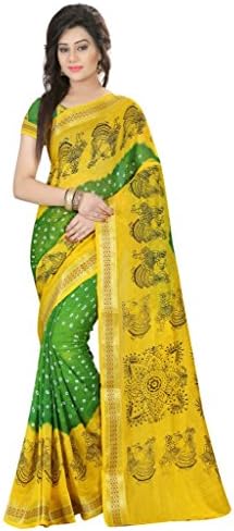 Shopaholic Women's Cotton Silk Bandhej Designer Saree, Free Size, Yellow and Green