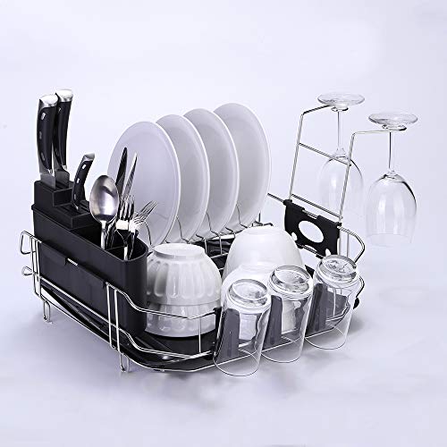 VESLA HOME Sink Countertop Kitchen Dish Drying Rack in Sink Dish Drainer with Drain Board and Cutlery Cup, Stainless Steel Silver Wire/Black Plastic - Thumbnail 3