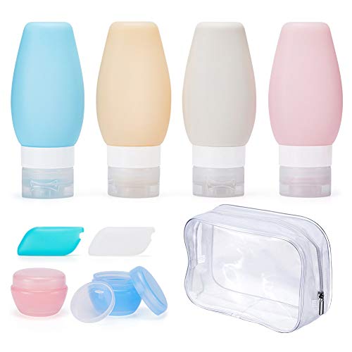 Travel Bottles, Xboun Leakproof Silicone Refillable Travel Containers, 3 oz TSA Approved Squeezable Travel Tube Sets with Cosmetic Containers(10mL)&Toothbrush Cover for Shampoo Lotion Soap - 8 Packs