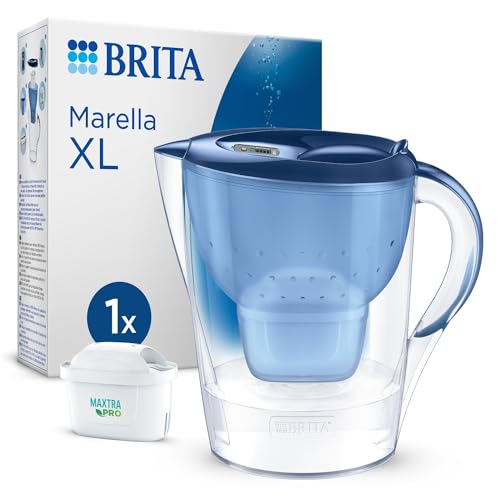 BRITA Carafe filtrante à eau bleue Marella (3,5 l), comprend 1 cartouche MAXTRA PRO : carafe grand volume avec LTI numérique et couvercle rabattable réduit le chlore, le calcaire et les impuretés.
