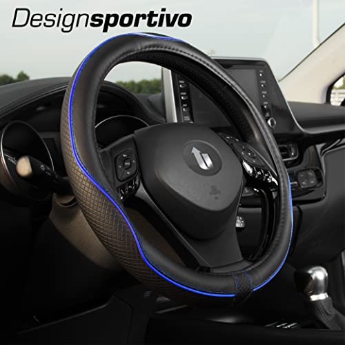 Upgrade4cars Universal Black Blue Faux Leather Steering Wheel Cover | Steering Wheel Cover Diameter 37-38 cm | Interior Car Accessories | Gifts for Women and Men