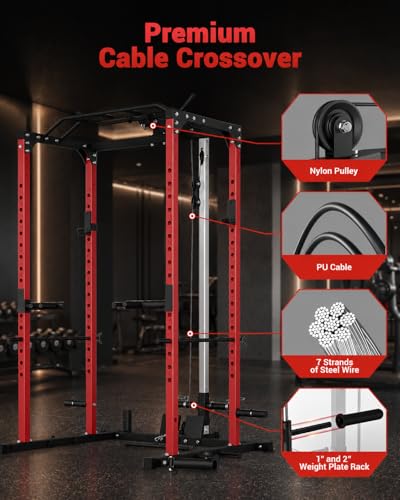 All in One Power Cage Squat Rack with LAT Pulldown & Cable Pulley System, 1200LBS Home Gym Power Rack with Dip Bars, Pull Up Bar, Weight Rack for Bench Press & Strength Training