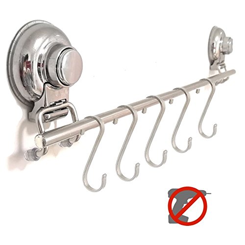 SltClub Kitchen Hook Rack for Utensil Organizer Power Vacuum Suction Cup Stainless Steel Wall Mounted Hanging Rail Rack with 5 Hooks 24-inch Long Max Bearing 17.63 lbs