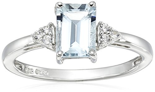 Sterling Silver Aquamarine Emerald Cut with Created White Sapphire Ring, Size 6
