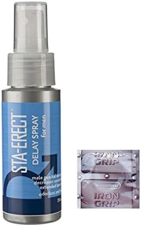 Doc Johnson Sta-Erect Delay Spray for Men Male Genital Desensitizer Adourless Tasteless 2oz + 12 pcs Caution Wear Iron Grip Condoms Snugger Tighter Fit Smaller Size Narrow Close Feel