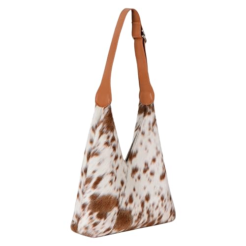 Genuine Cowhide Leather Hobo Shoulder Bag for Women Hair-On Hide Handbag with Adjustable Strap Natural Brown & White Cow Print Premium Leather Purse