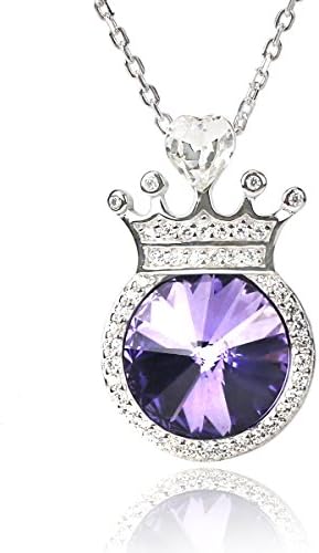 JOLICE 925 Sterling Silver Swarovski Elements Round Crystal with Heart White Crystal Crown Pendant Necklace, 18'' (Amethyst)
