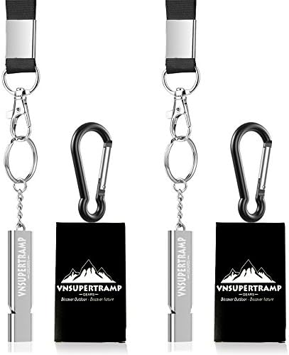 VnSupertramp Premium Outdoor Emergency Whistle Survival (2 Pack) Loudest 120dB with Keychain Carabiner and Lanyard 18 inches Aluminum Alloy for Camping Hiking Dog Training Self-Defense Kids Women